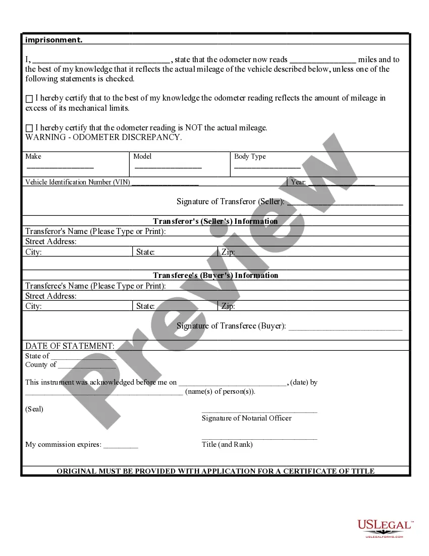 Get Bill of Sale of Automobile and Odometer Statement for As-Is Sale Preview Bill of Sale of Automobile and Odometer Statement for As-Is Sale