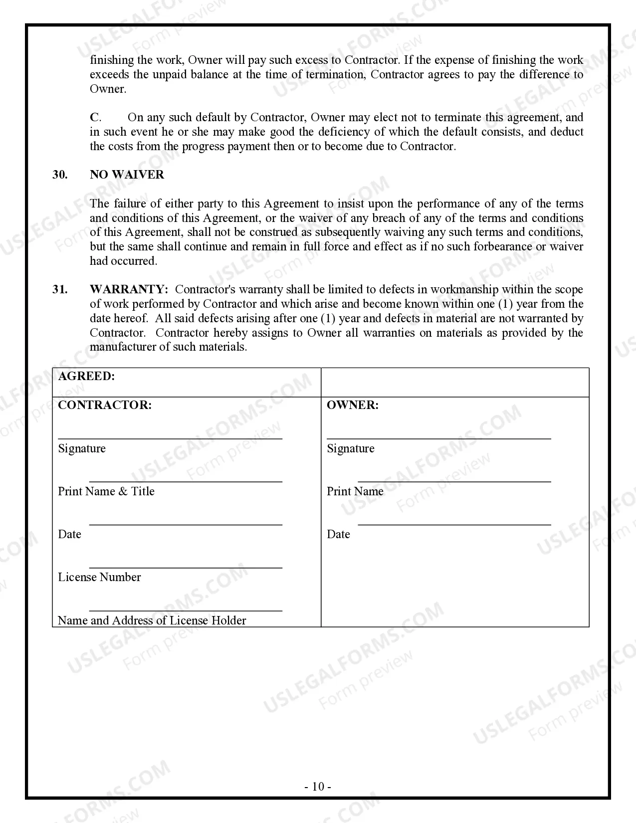 Preview Commercial Contract for Contractor