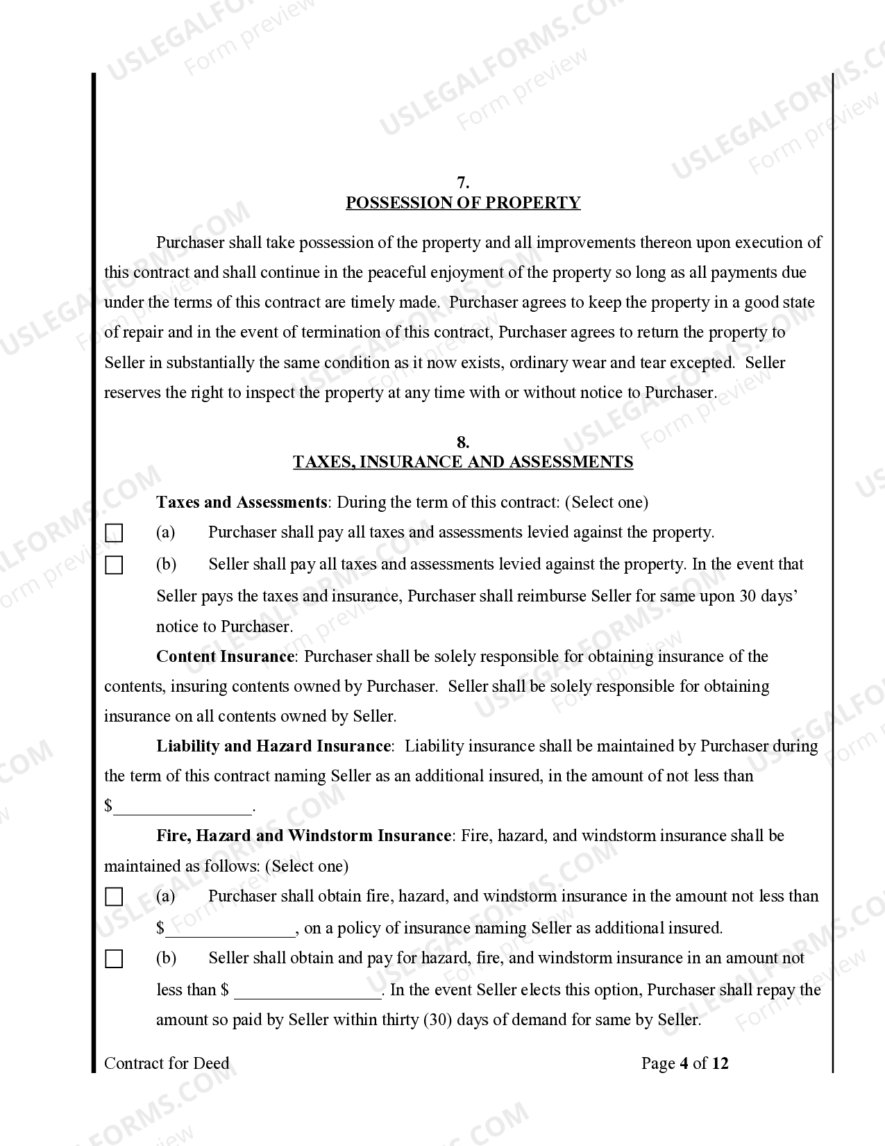 Wyoming Agreement or Contract for Deed for Sale and Purchase of Real Estate a/k/a Land or