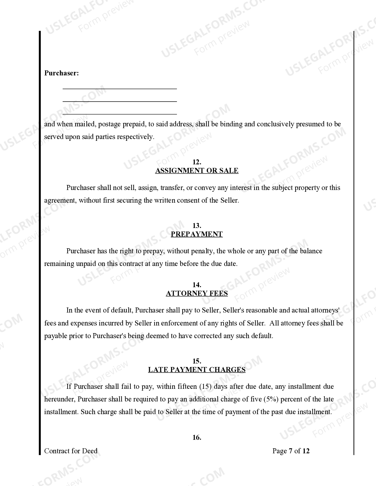 Wyoming Agreement or Contract for Deed for Sale and Purchase of Real Estate a/k/a Land or