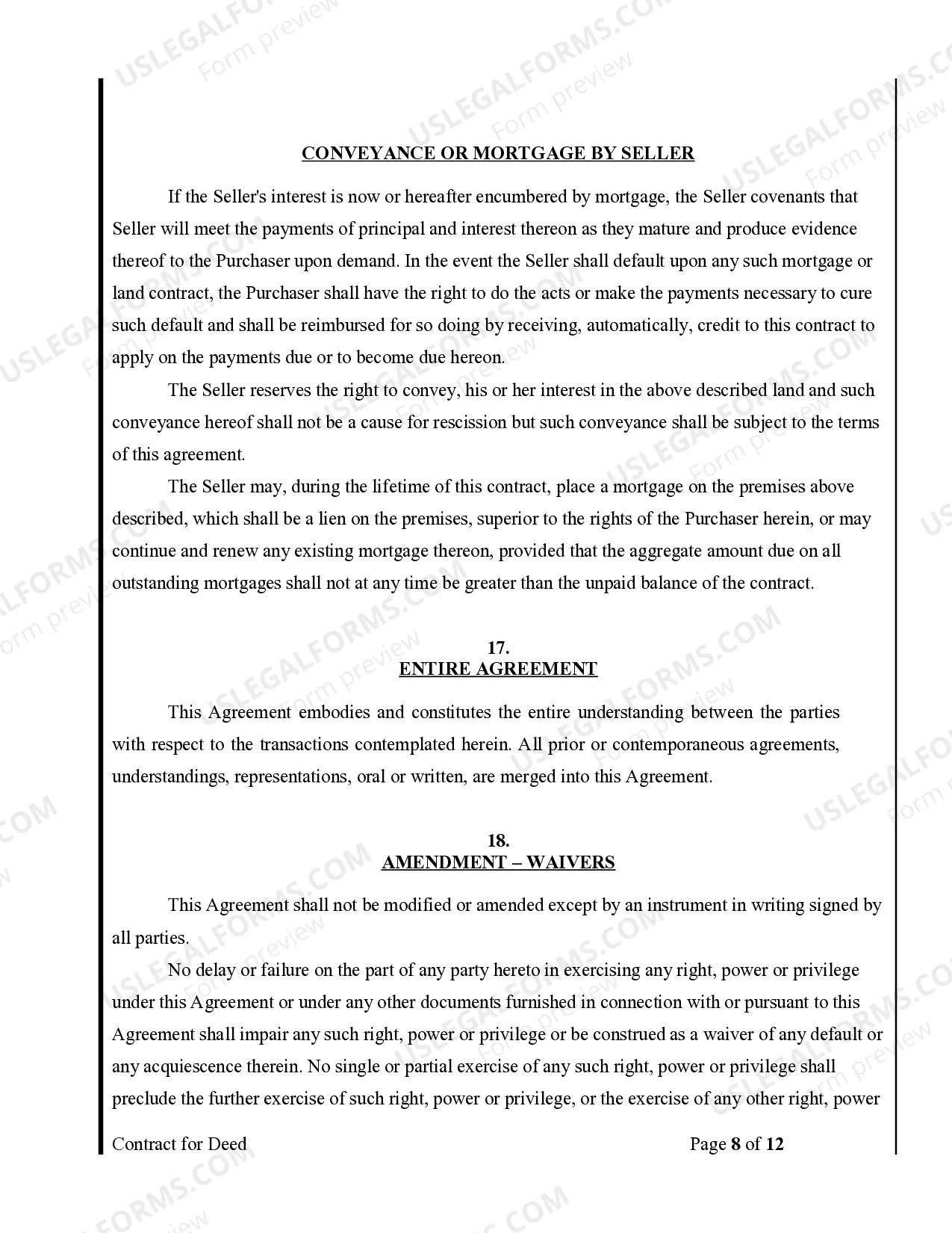 Preview Agreement or Contract for Deed for Sale and Purchase of Real Estate a/k/a Land or Executory Contract