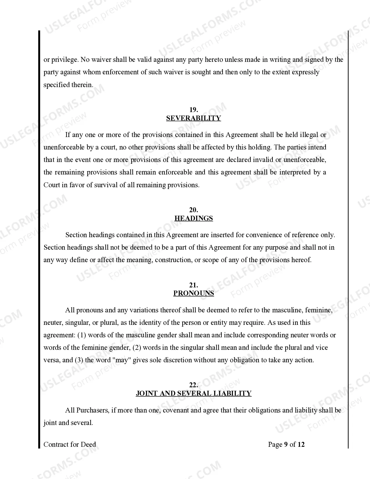 Preview Agreement or Contract for Deed for Sale and Purchase of Real Estate a/k/a Land or Executory Contract