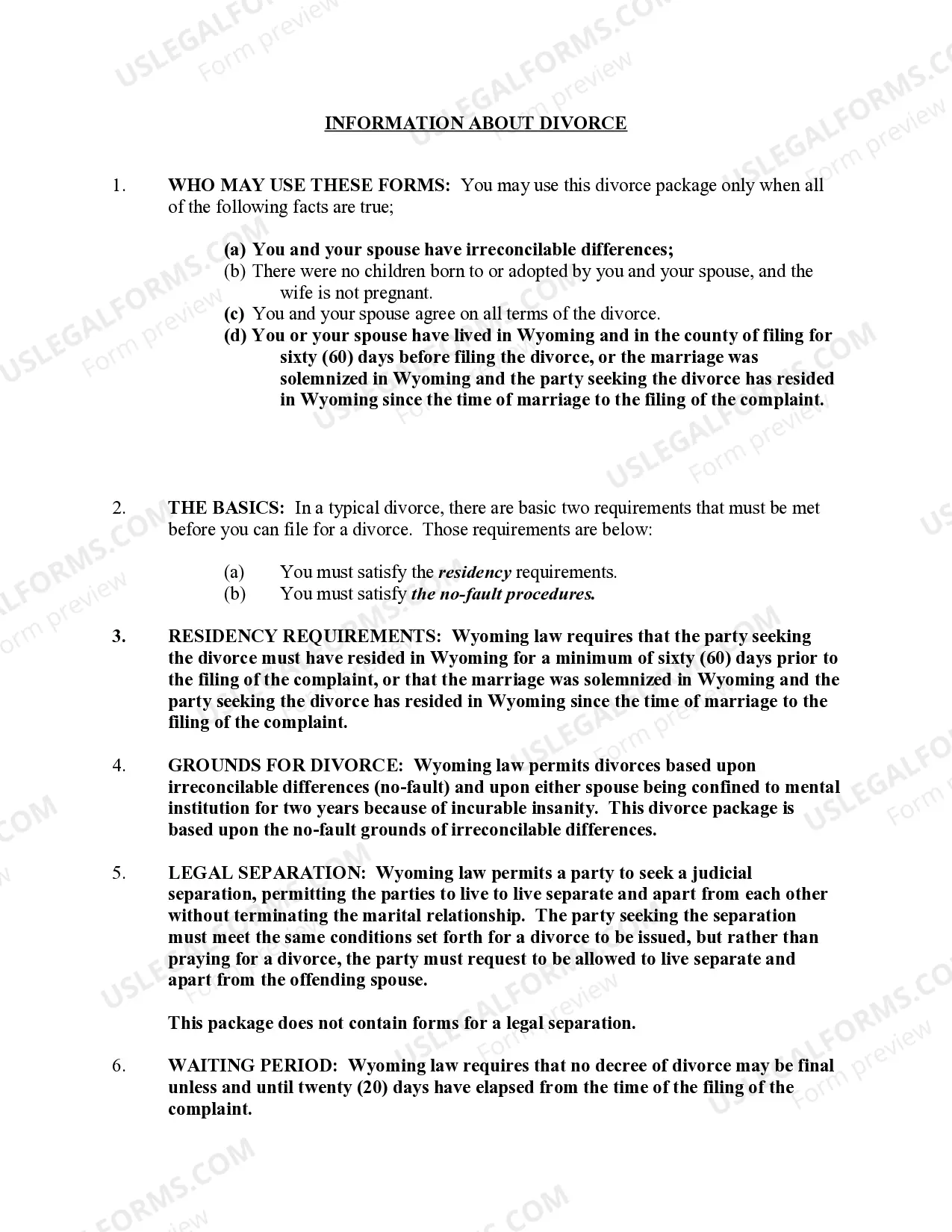Preview Wyoming No-Fault Agreed Uncontested Divorce Package for Dissolution of Marriage for Persons with No Children with or without Property and Debts