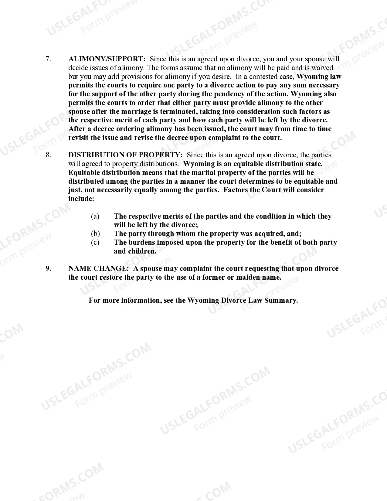 Preview Wyoming No-Fault Agreed Uncontested Divorce Package for Dissolution of Marriage for Persons with No Children with or without Property and Debts