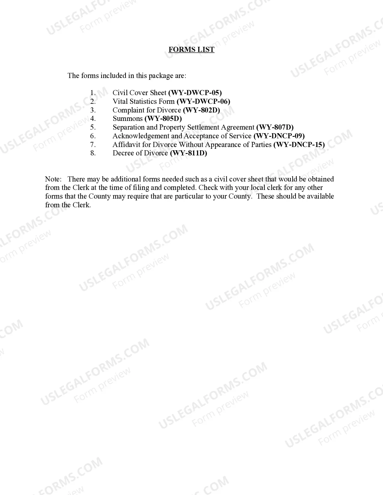 Preview Wyoming No-Fault Agreed Uncontested Divorce Package for Dissolution of Marriage for Persons with No Children with or without Property and Debts