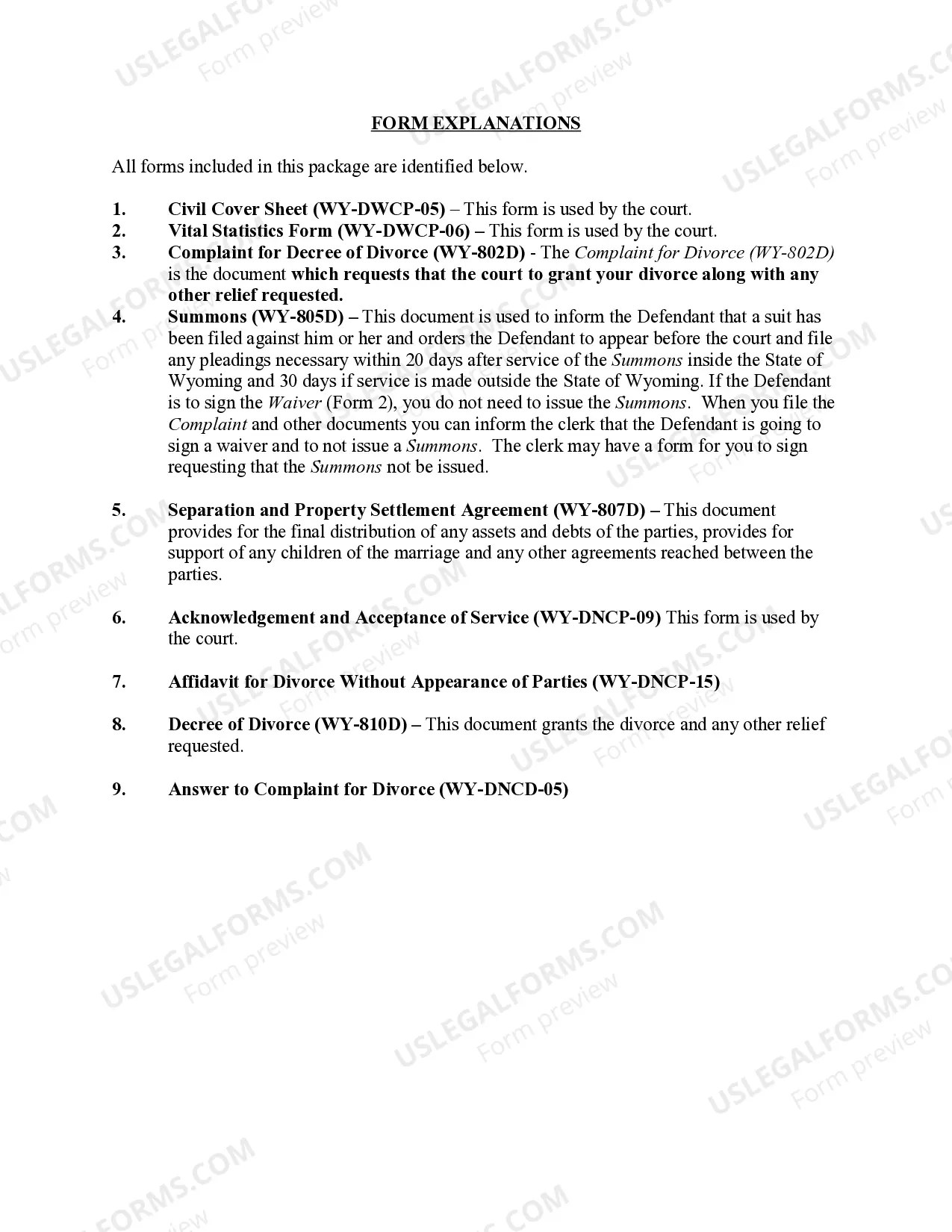 Preview Wyoming No-Fault Agreed Uncontested Divorce Package for Dissolution of Marriage for Persons with No Children with or without Property and Debts