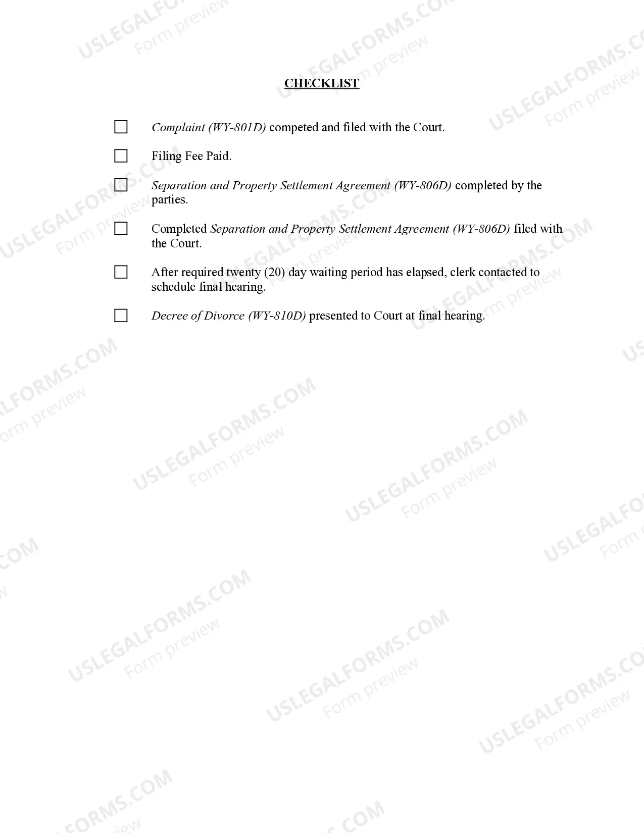 Preview Wyoming No-Fault Agreed Uncontested Divorce Package for Dissolution of Marriage for Persons with No Children with or without Property and Debts