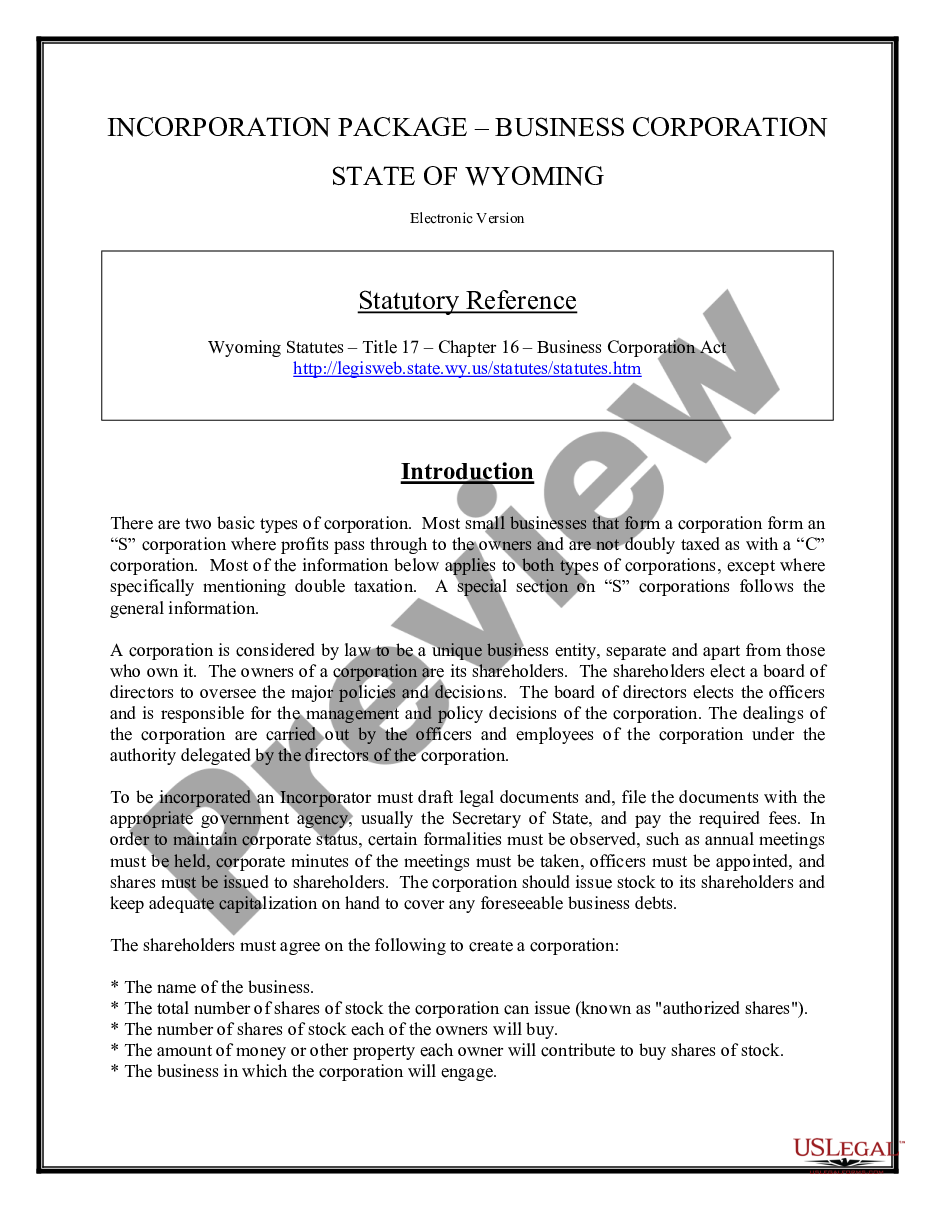 page 1 Wyoming Business Incorporation Package to Incorporate Corporation preview