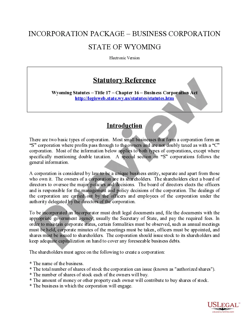 Preview Wyoming Business Incorporation Package to Incorporate Corporation