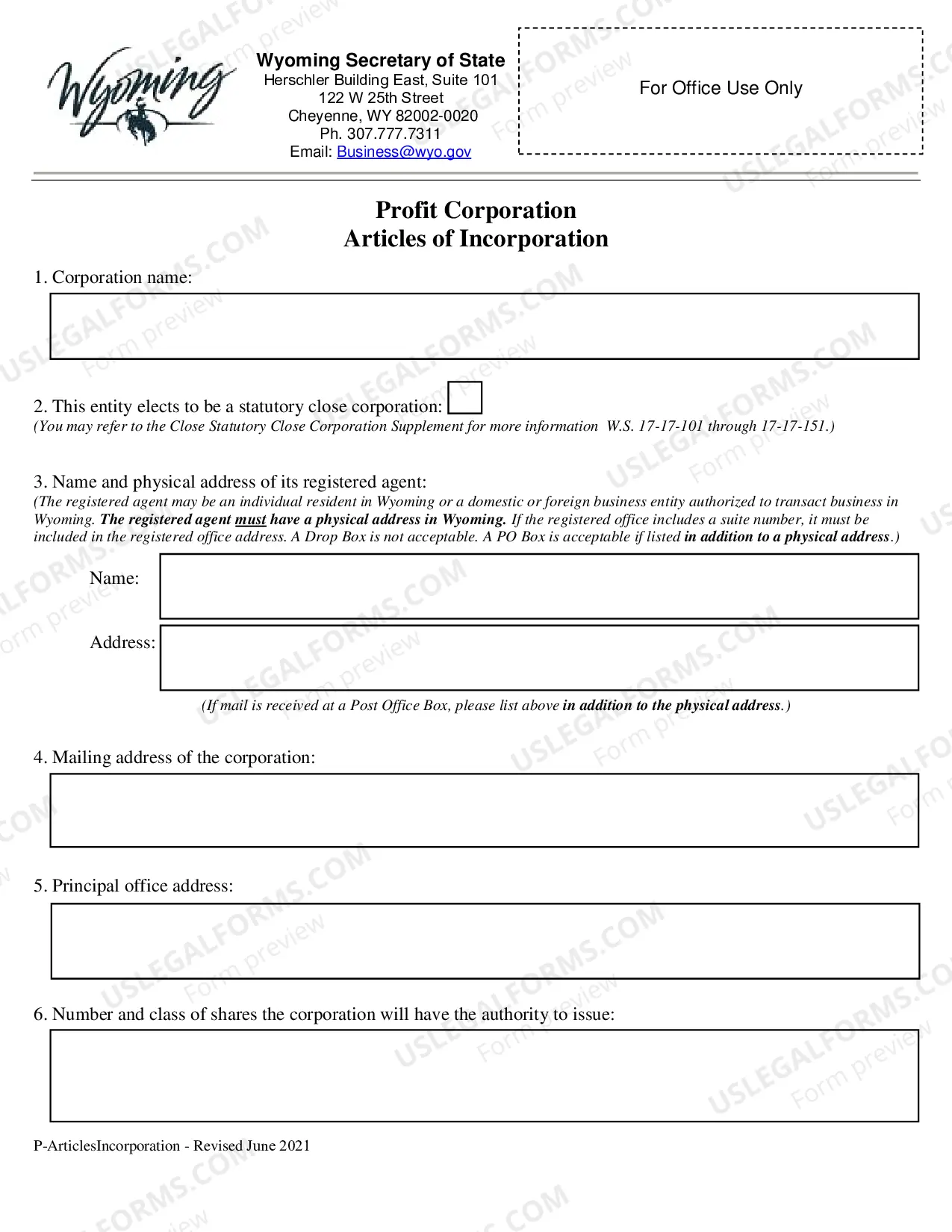 Preview Wyoming Articles of Incorporation for Domestic For-Profit Corporation