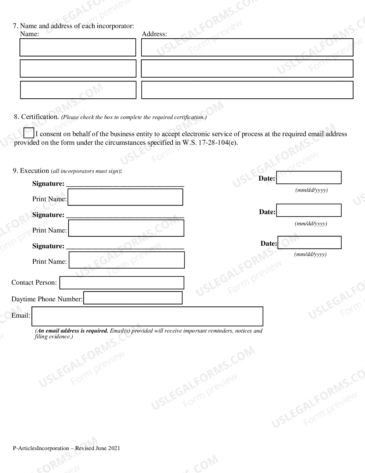 Preview Wyoming Articles of Incorporation for Domestic For-Profit Corporation