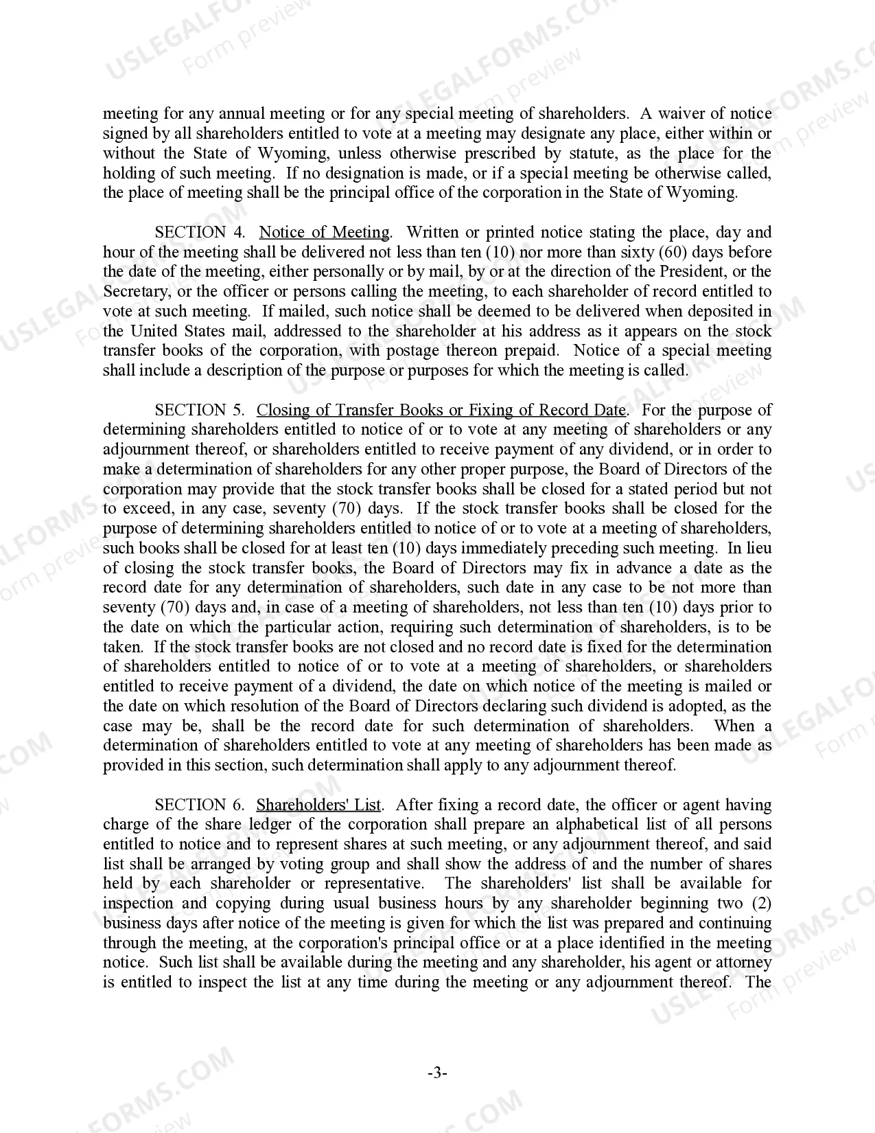 Preview Wyoming Bylaws for Corporation