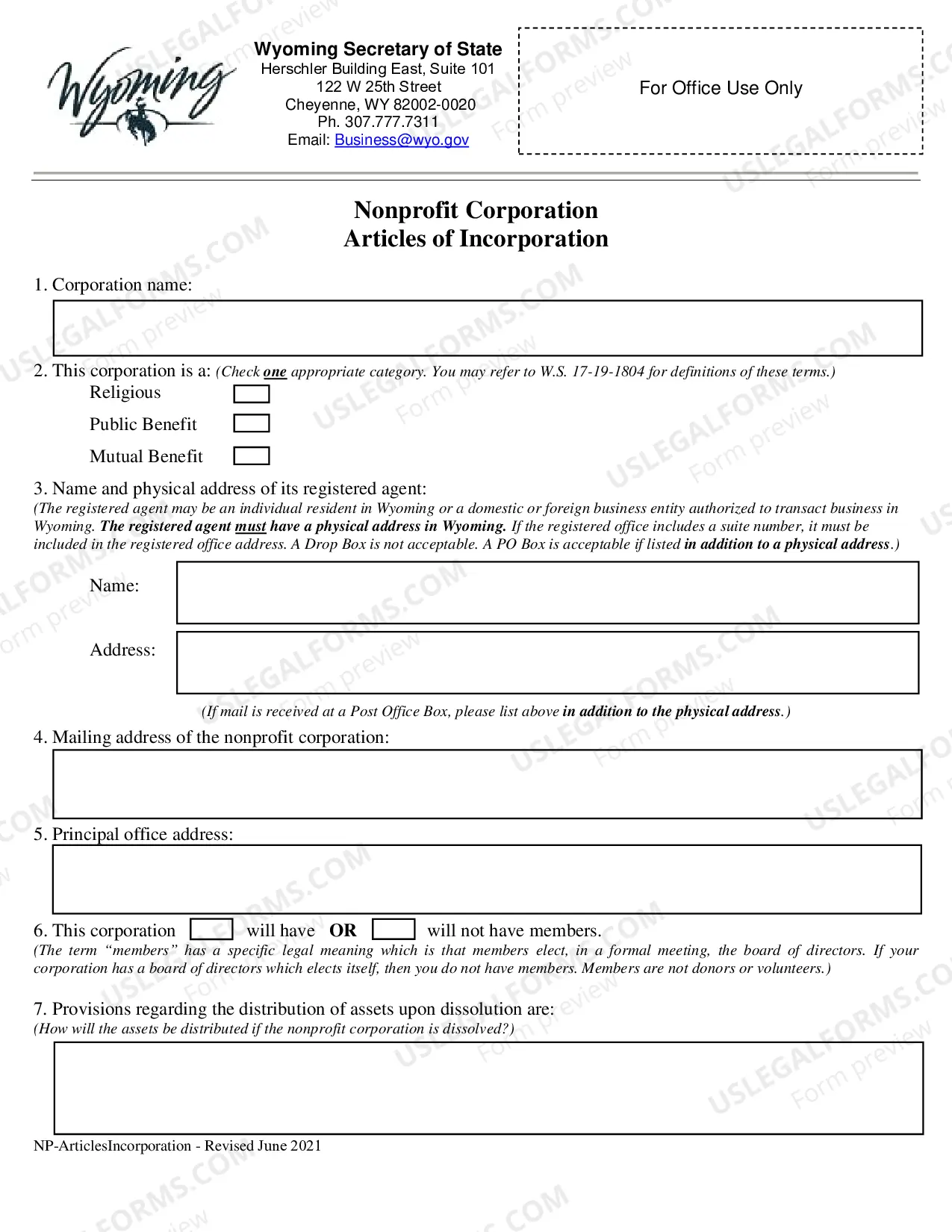 Preview Wyoming Articles of Incorporation for Domestic Nonprofit Corporation