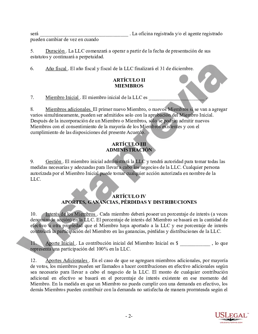 Preview Acuerdo Operativo LLC de Sociedad de Responsabilidad Limitada de Miembro Único