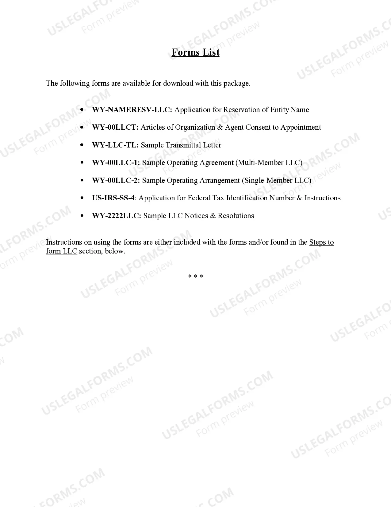 Preview Wyoming Limited Liability Company LLC Formation Package