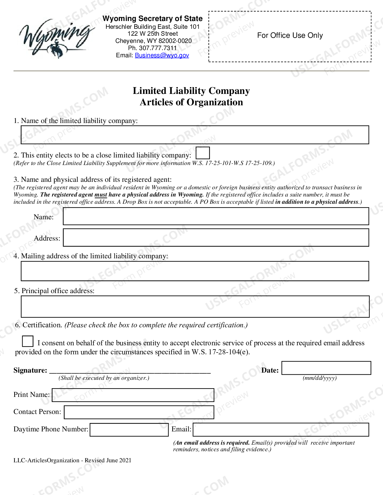 Wyoming Articles of Organization for Domestic Limited Liability Company