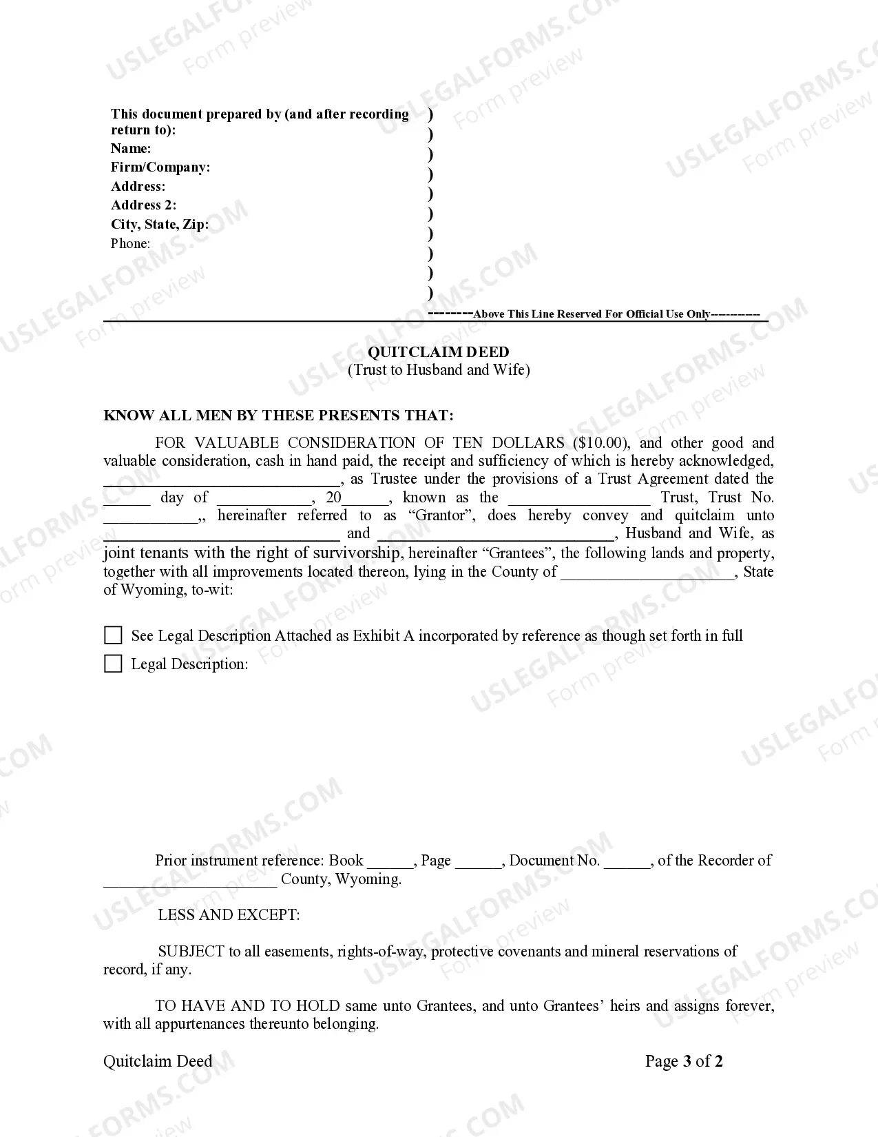 Preview Quitclaim Deed - Trust to Husband and Wife