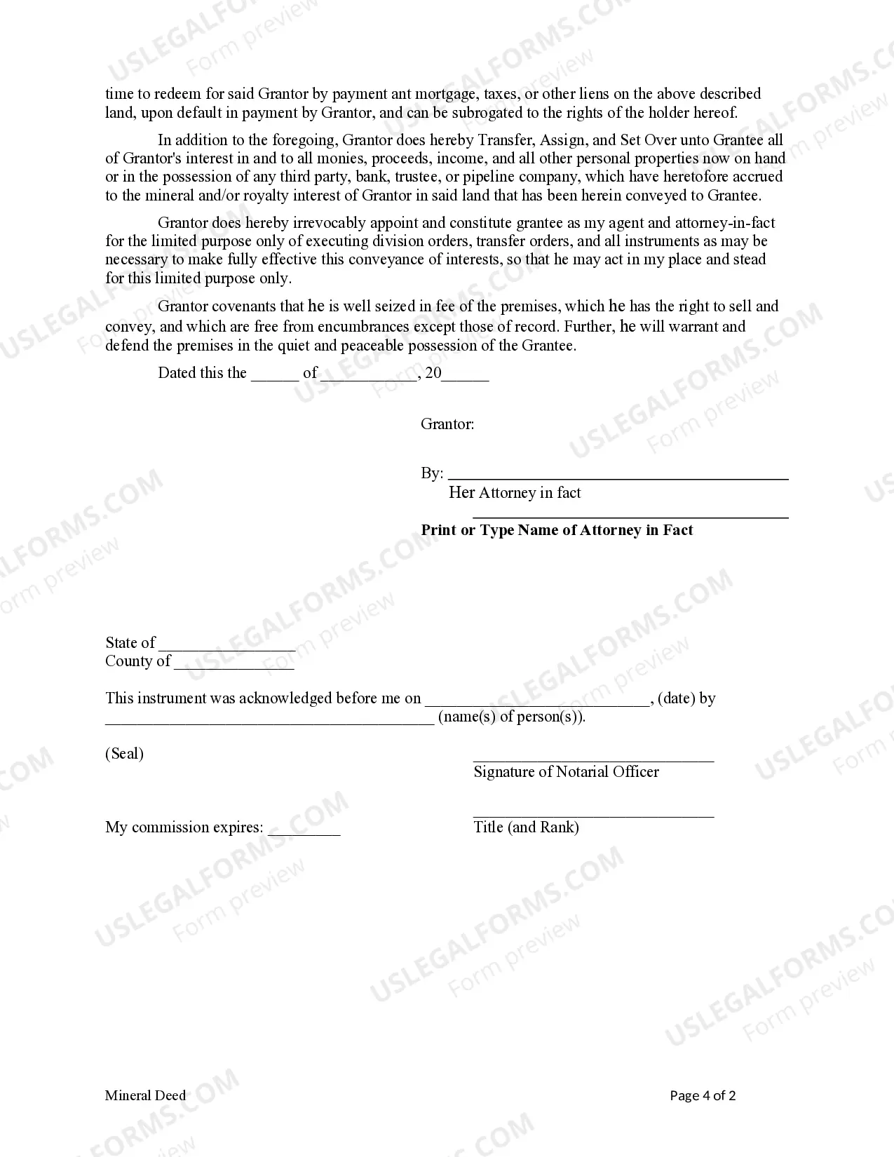 Preview Mineral Deed - Individual to Individual - Grantors acting by and through Attorney in Fact