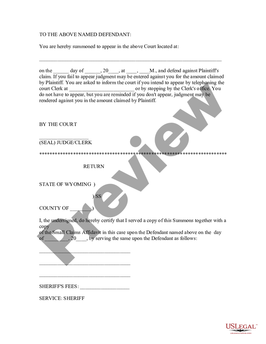 form Appendix of Forms for Wyoming Small Claims Court preview