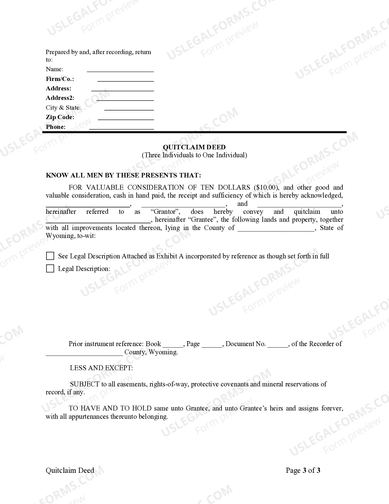 Preview Quitclaim Deed - Three Individuals to One Individual