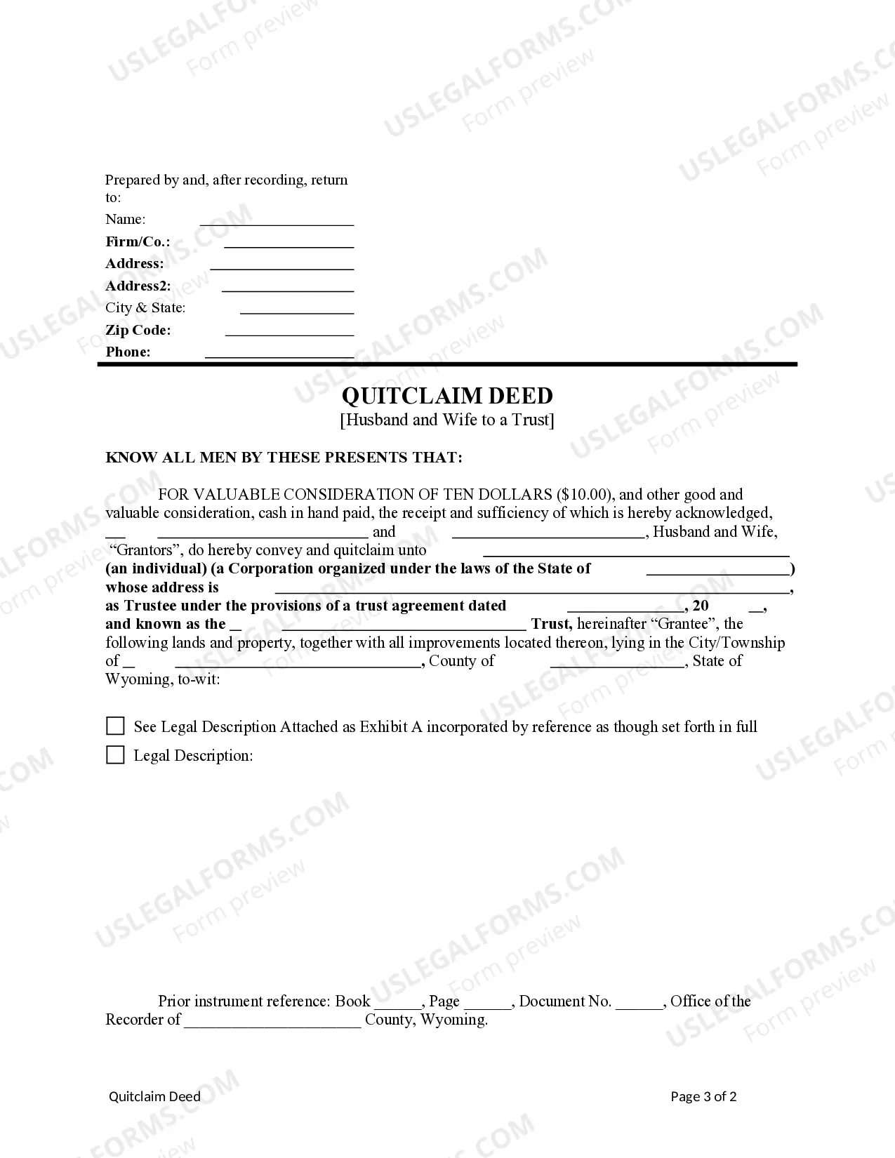 Preview Quitclaim Deed from Husband and Wife to a Trust