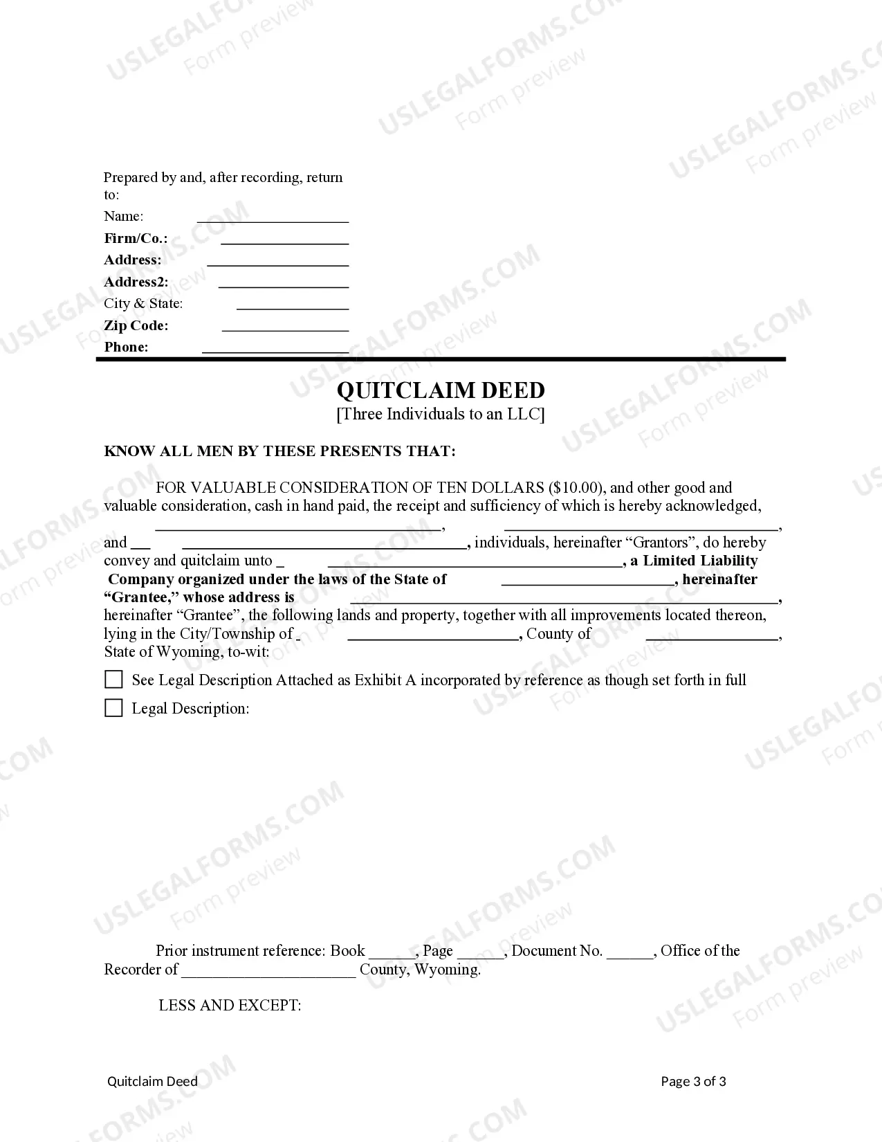 Preview Quitclaim Deed from Three (3) Individuals to an LLC