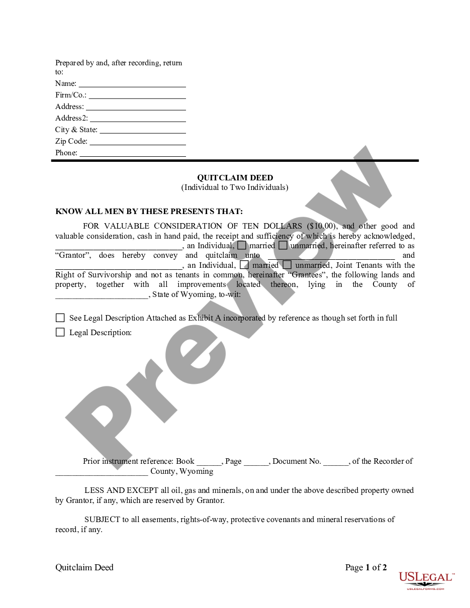page 0 Quitclaim Deed from Individual to Two Individuals in Joint Tenancy preview