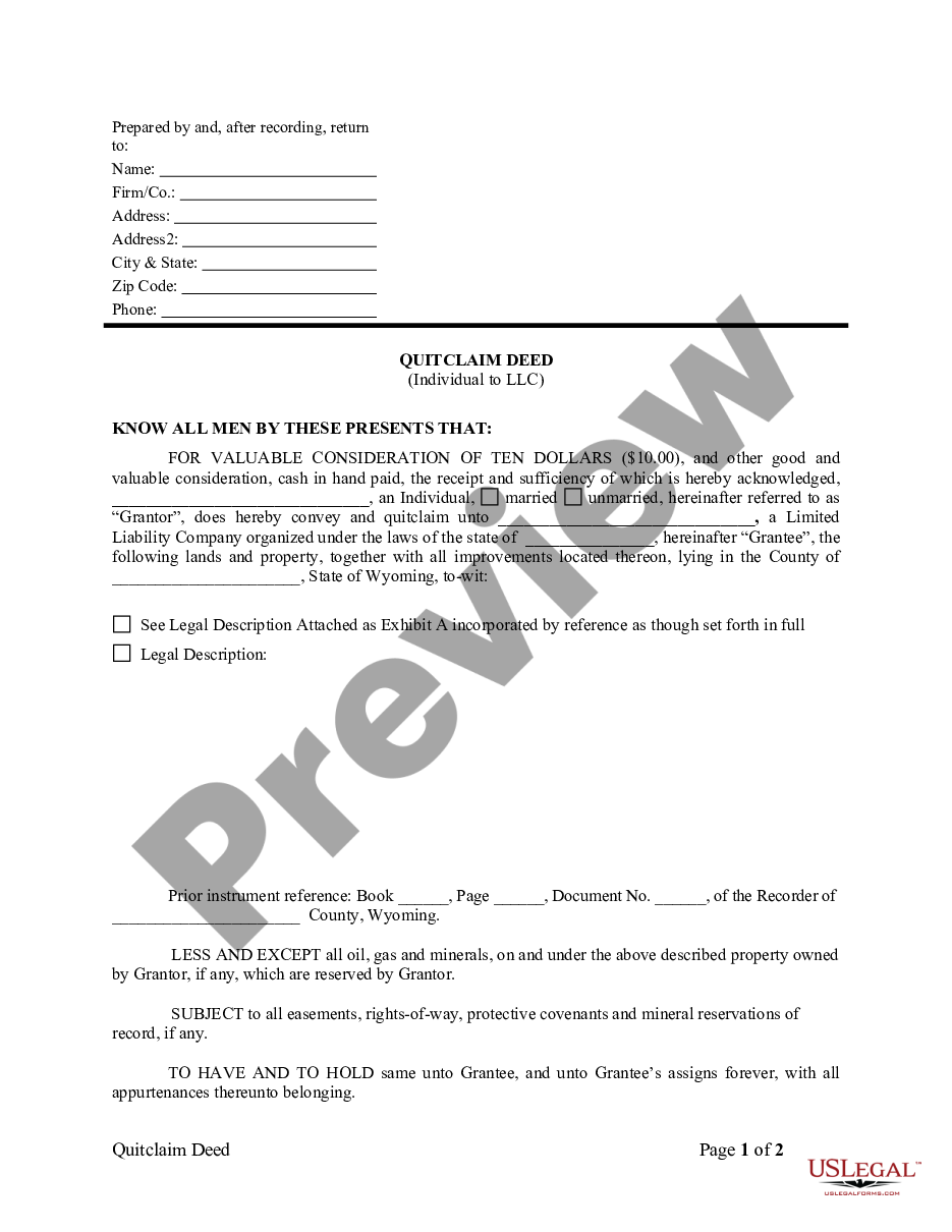 page 0 Quitclaim Deed from Individual to LLC preview