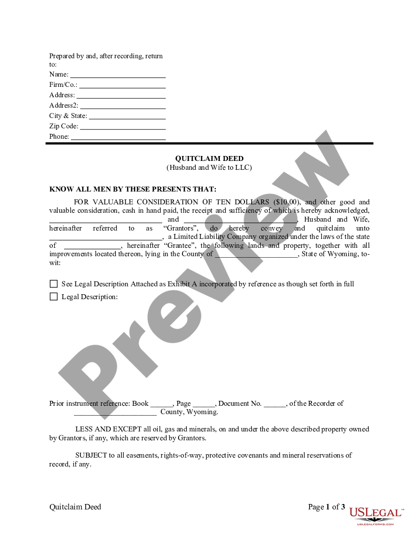 Wyoming Quitclaim Deed from Husband and Wife to LLC - Wyoming Quitclaim ...