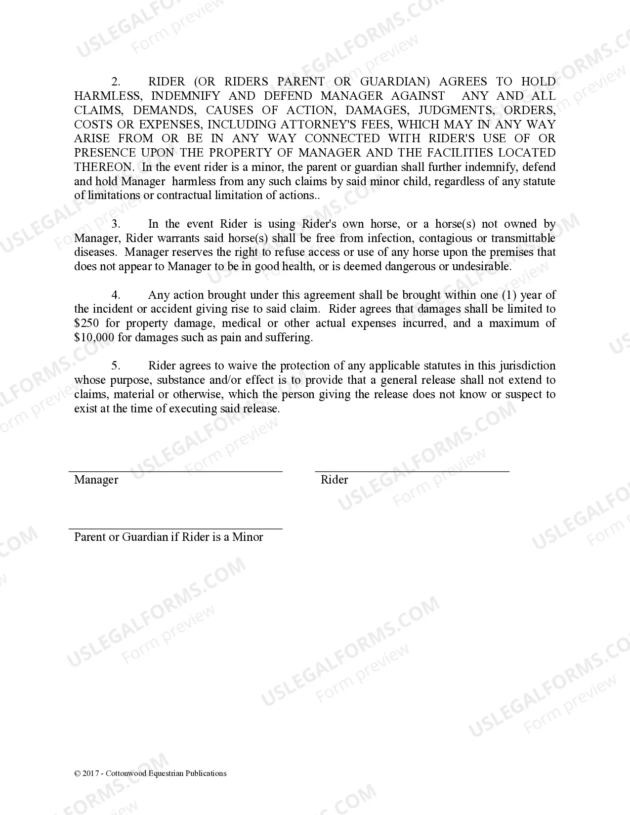 Preview Release of Liability Parent Minor - Horse Equine Forms