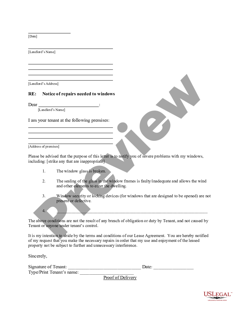 form Letter from Tenant to Landlord with Demand that landlord repair broken windows preview