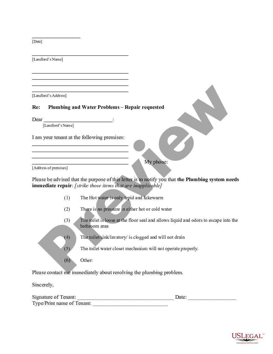 form Letter from Tenant to Landlord with Demand that landlord repair plumbing problem preview
