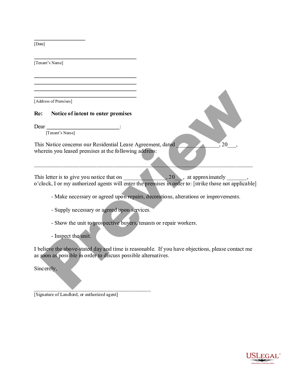 form Letter from Landlord to Tenant about time of intent to enter premises preview