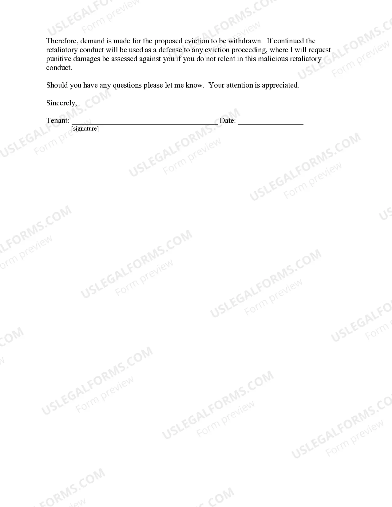 Preview Letter from Tenant to Landlord containing Notice to landlord to cease retaliatory threats to evict or retaliatory eviction