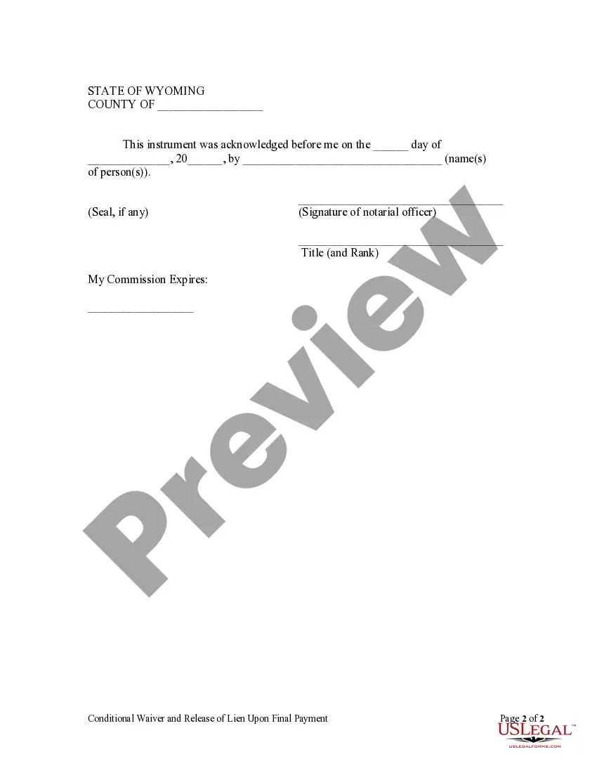 Preview Conditional Waiver and Release of Claim of Lien Upon Final Payment