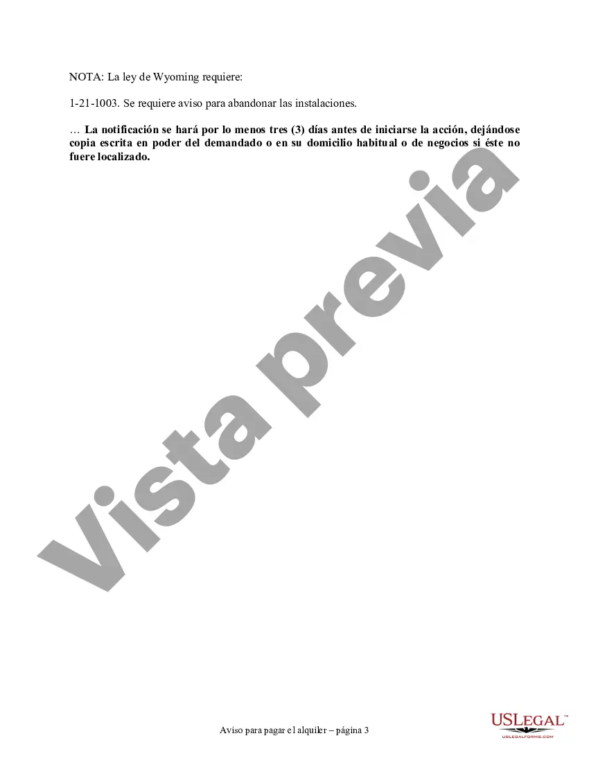 Preview Aviso de 3 días para pagar el alquiler o desalojar antes del desalojo de la propiedad residencial