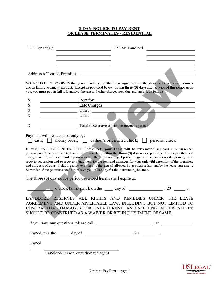 Wyoming 3 Day Notice to Pay Rent or Quit Prior to Eviction for ...