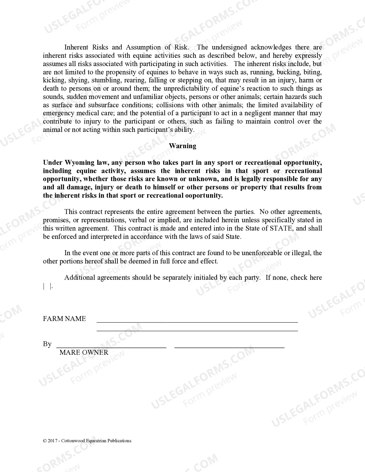 Preview Stallion Service Contract - Horse Equine Forms