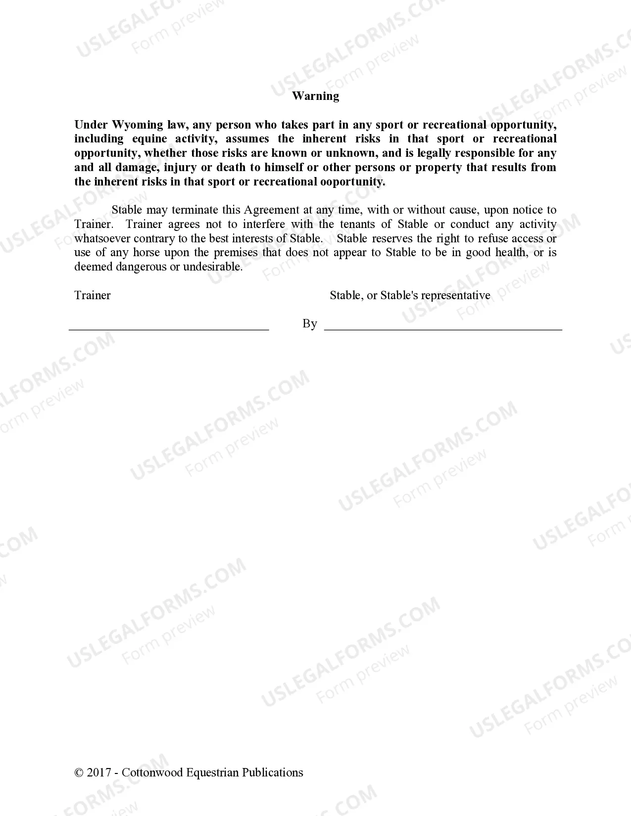 Preview Trainer's Facility Use Agreement - Horse Equine Forms