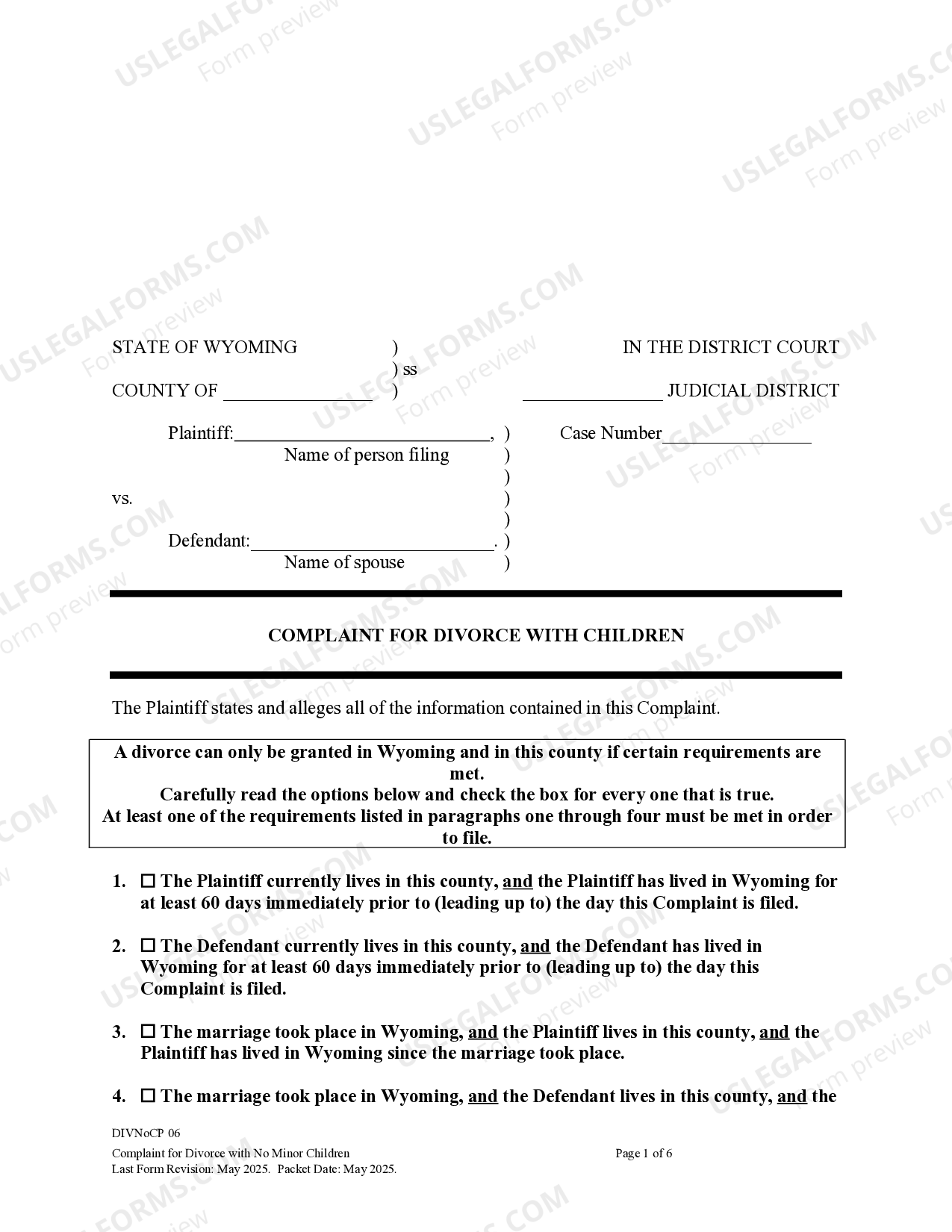 Wyoming Complaint for Divorce for People with Adult Children US Legal