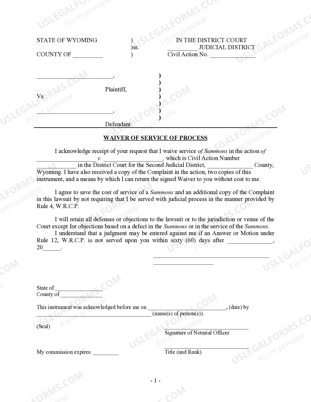 Wyoming Waiver of Service of Process US Legal Forms