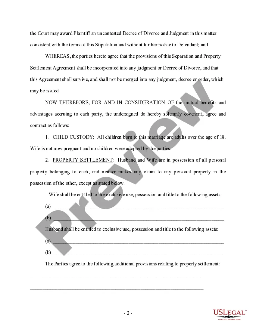 Preview Marital Domestic Separation and Property Settlement Agreement Adult Children