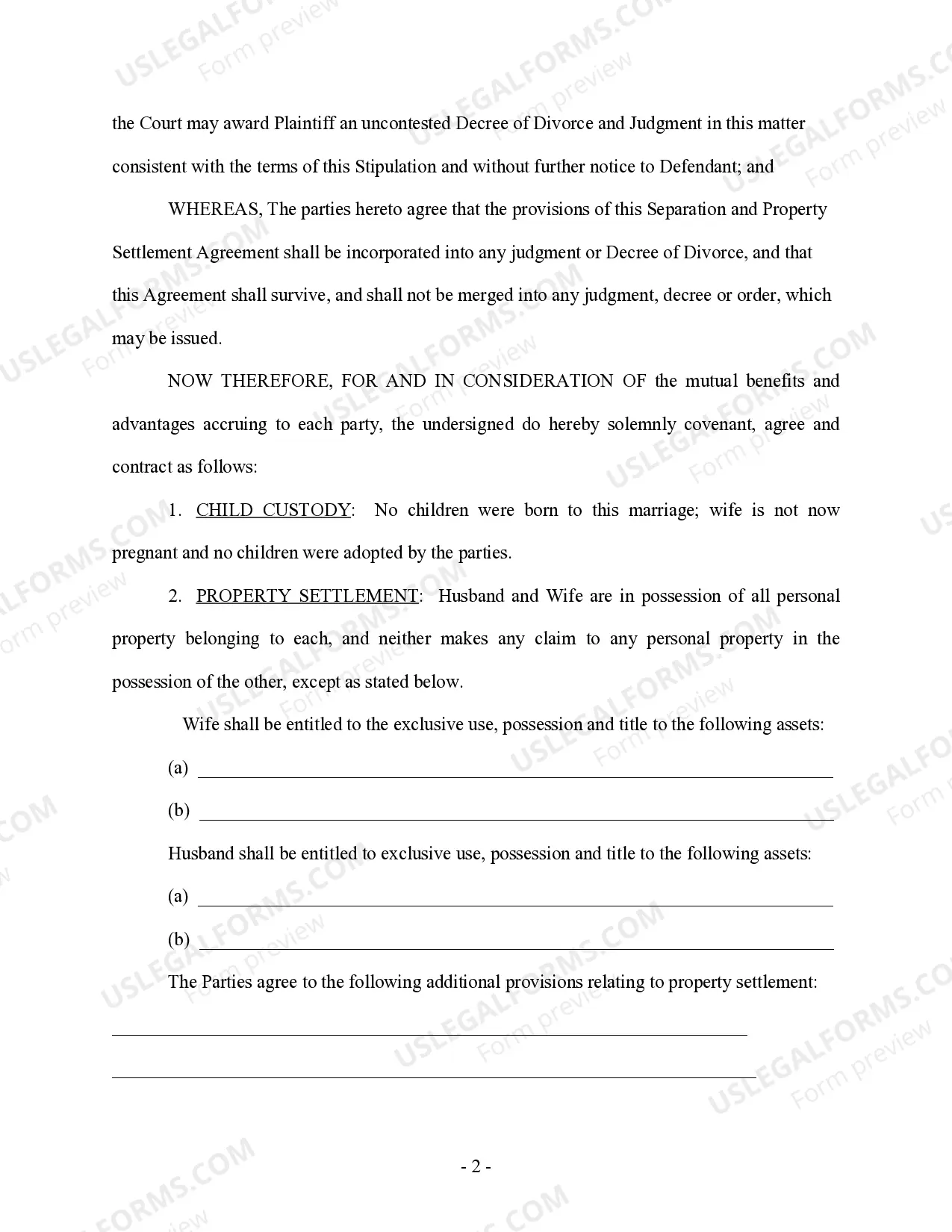 Preview Marital Domestic Separation and Property Settlement Agreement no children