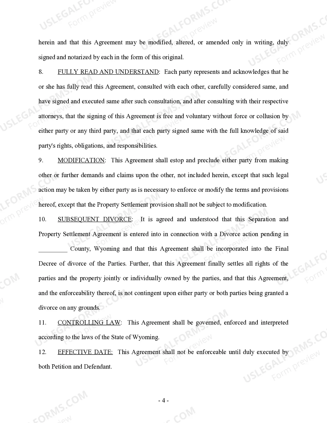 Preview Marital Domestic Separation and Property Settlement Agreement no children