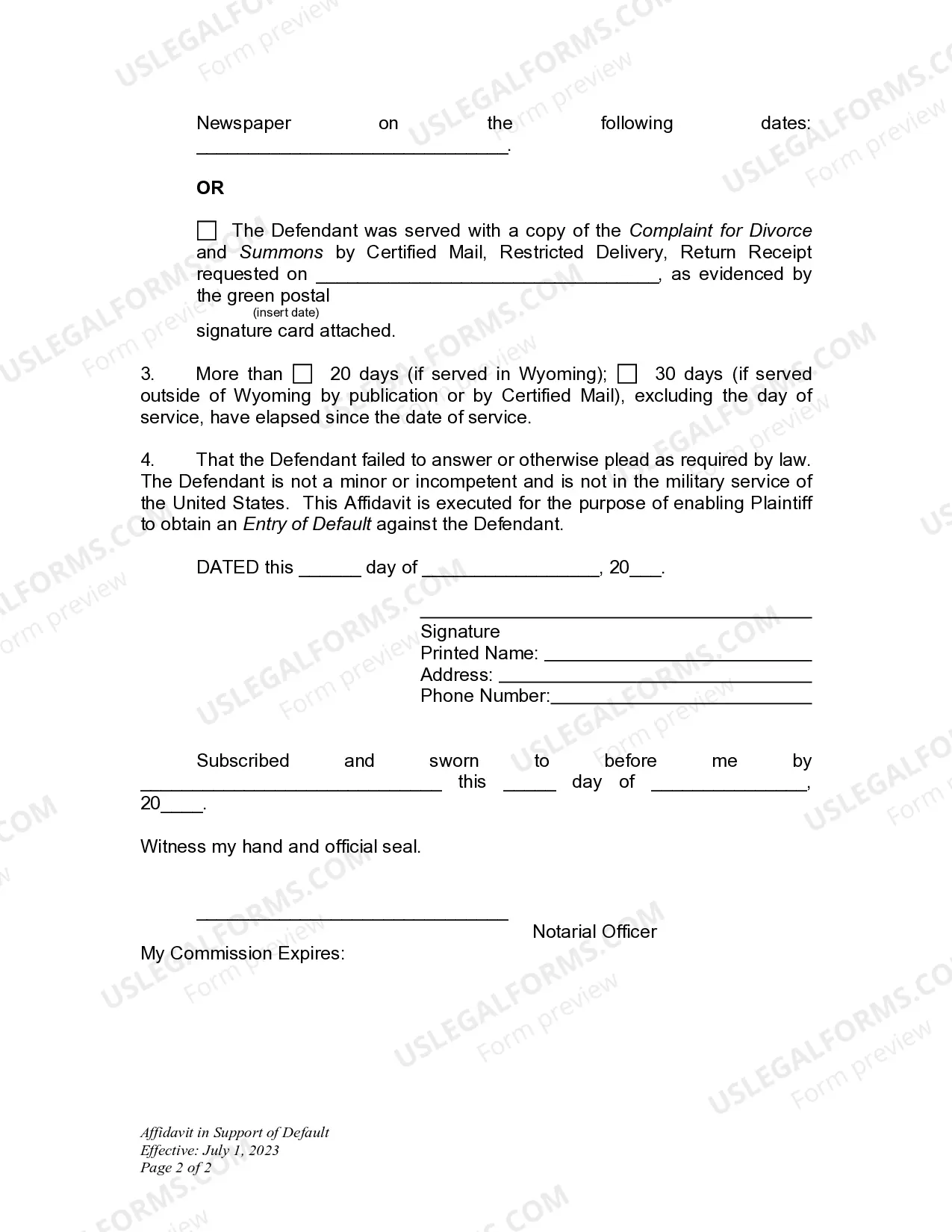 Preview Affidavit in Support of Decree - Plaintiff
