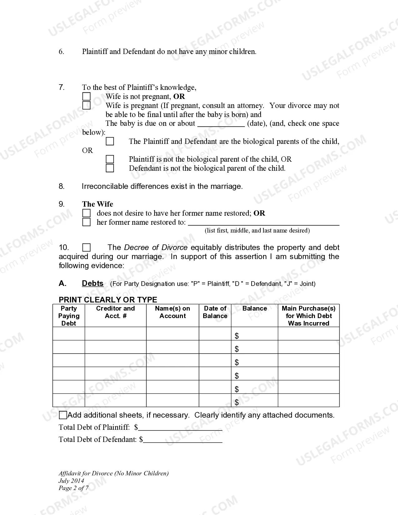 Preview Affidavit in Support of Decree - Defendant