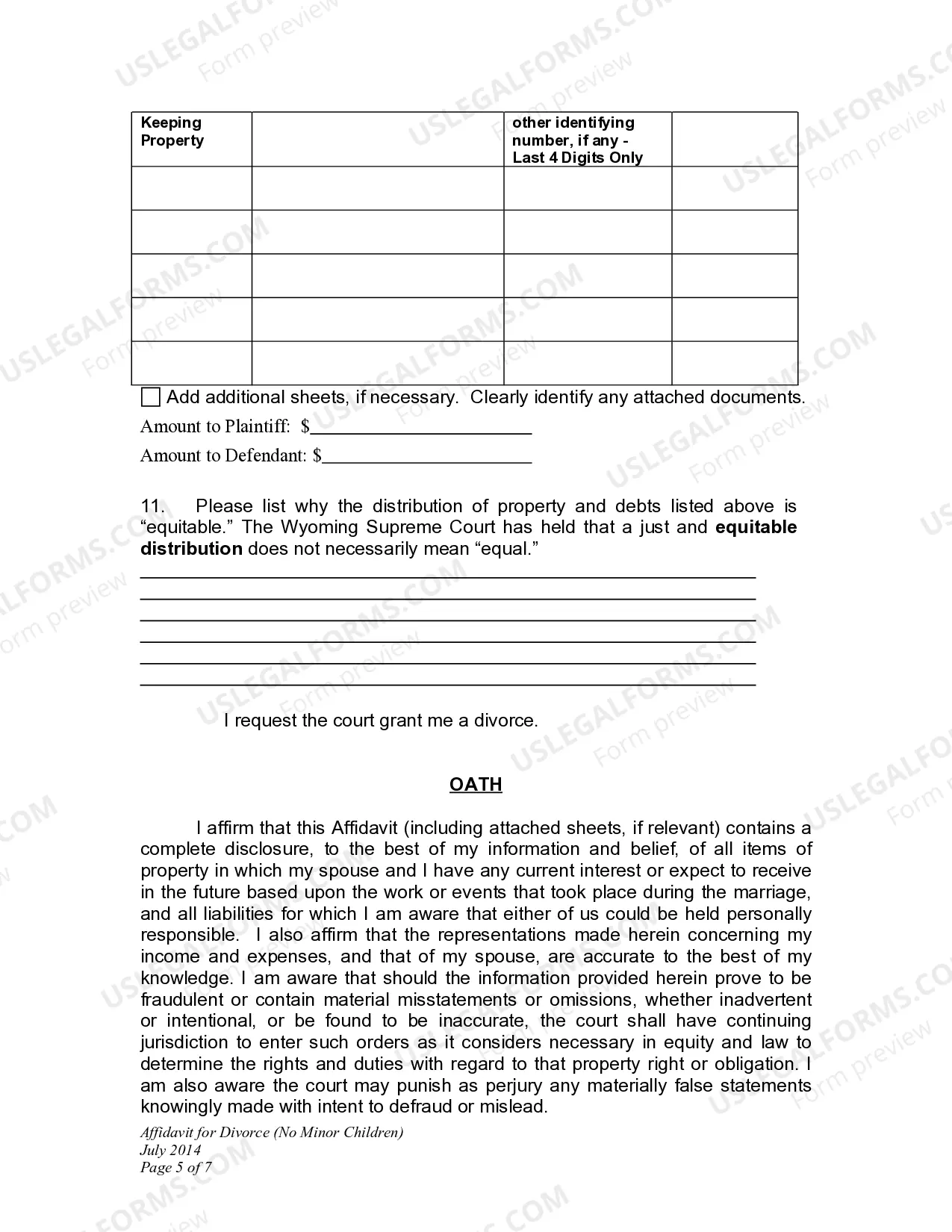 Preview Affidavit in Support of Decree - Defendant