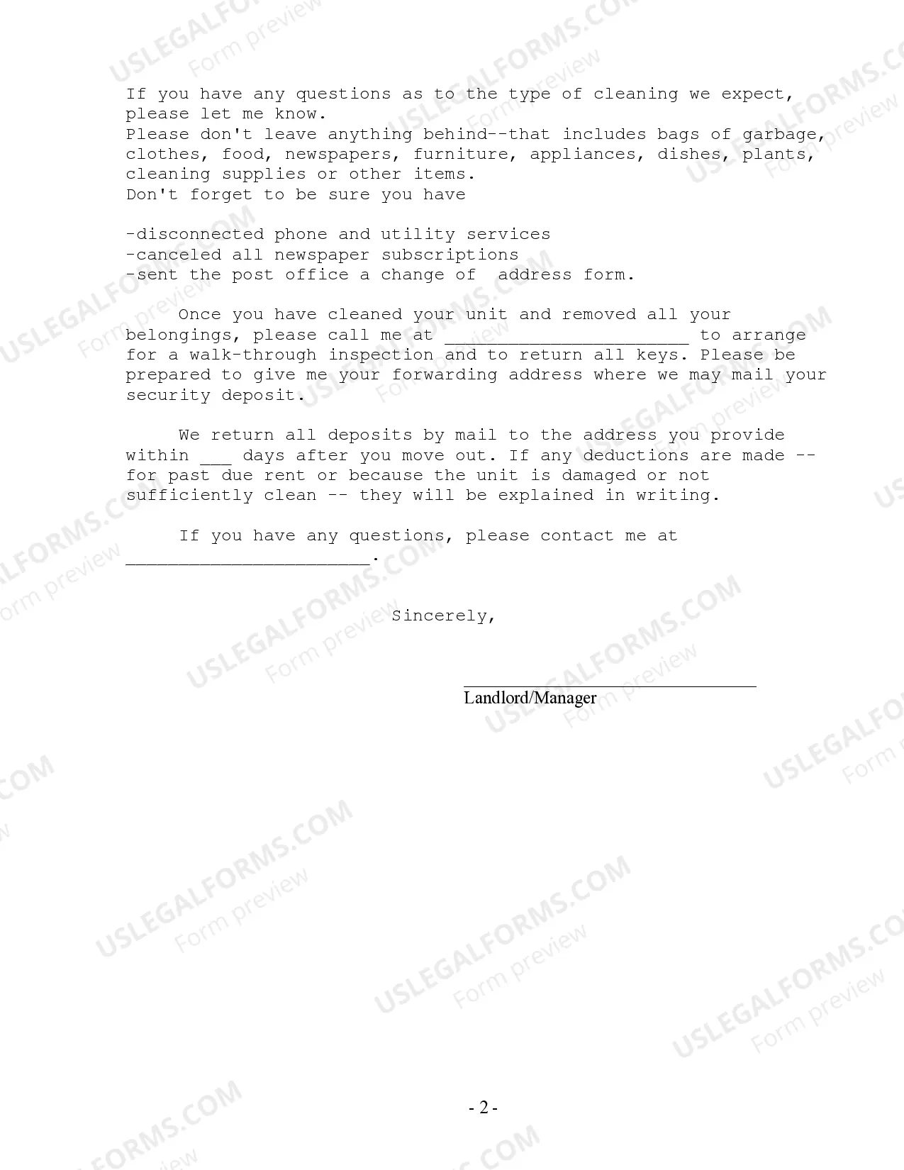 Preview Letter from Landlord to Tenant with Directions regarding cleaning and procedures for move out