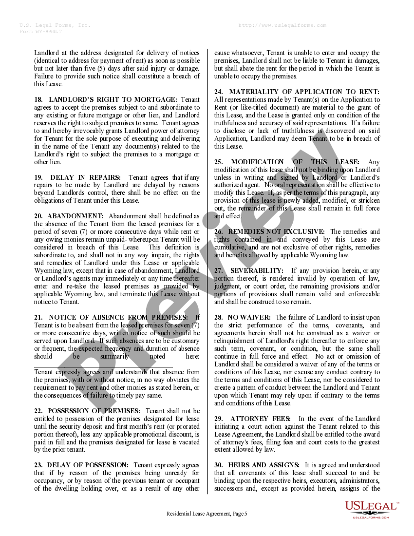 Wyoming Residential Rental Lease Agreement Rental Lease Agreement