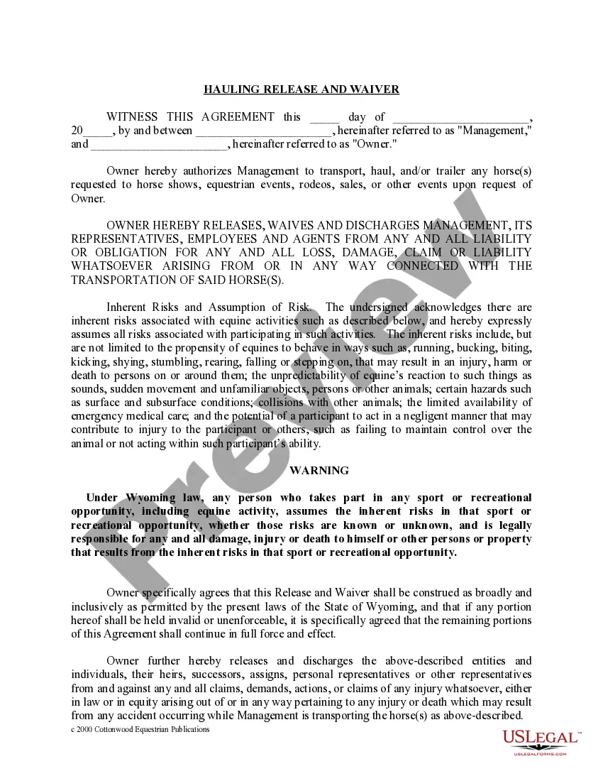 Preview Wyoming Horse Equine Forms Package